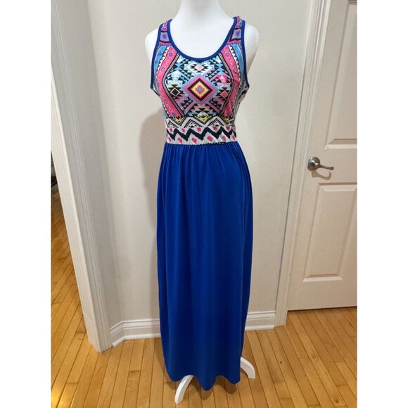 Boho Aztec Print Tank Maxi Dress Blue & Multicolor Sleeveless Scoop Neck Medium - Picture 1 of 5